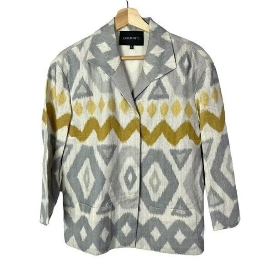Lafayette 148 Gray & Yellow Geometric Print Woven Blazer Jacket 2